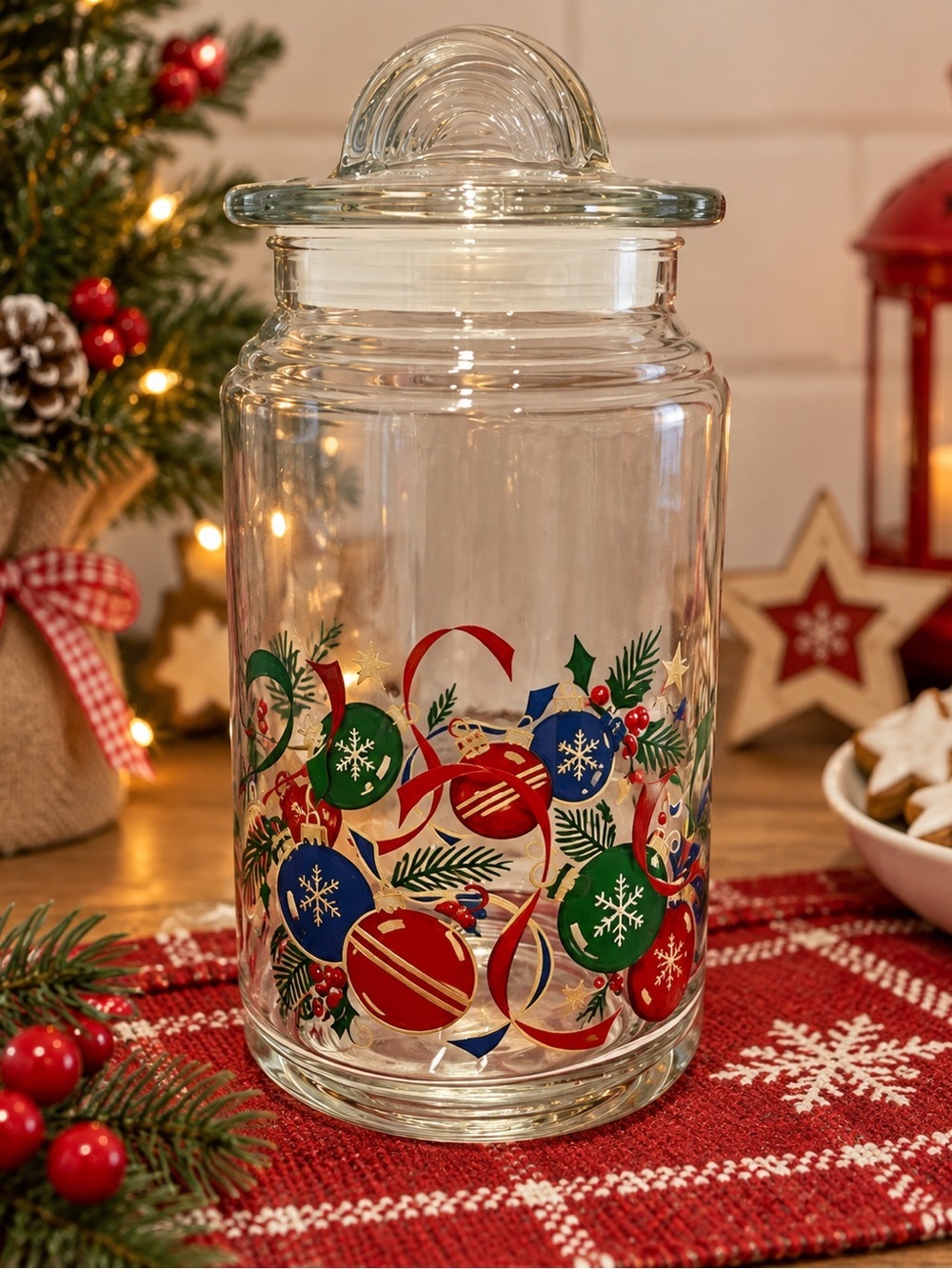 VINTAGE Glass Jar with Lid – Holiday Ornaments Design